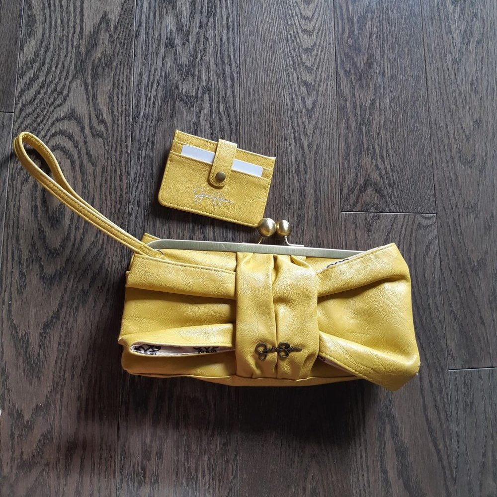 yellow Jessica Simpson bow clutch